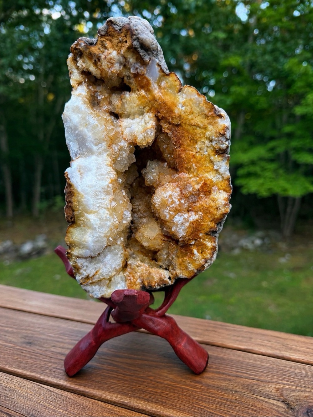 HUGE Natural Quartz & Chalcedony Geode on Wooden Tripod Stand